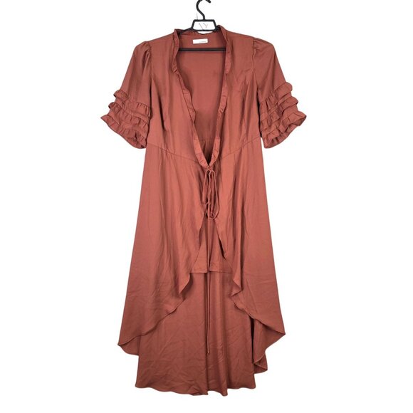 Womens June & Hudson Rust High-Low Maxi Wrap Dress Ruffled Sleeves & Tie Waist L - Picture 1 of 8